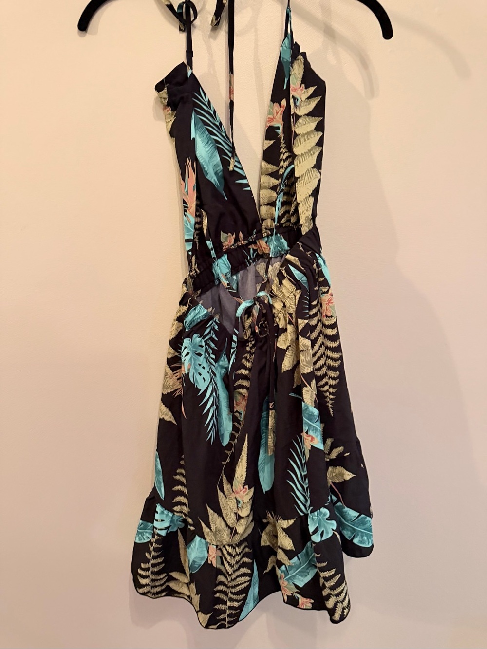 Tropical Black Halter Sundress with Teal & gold Leaf Print